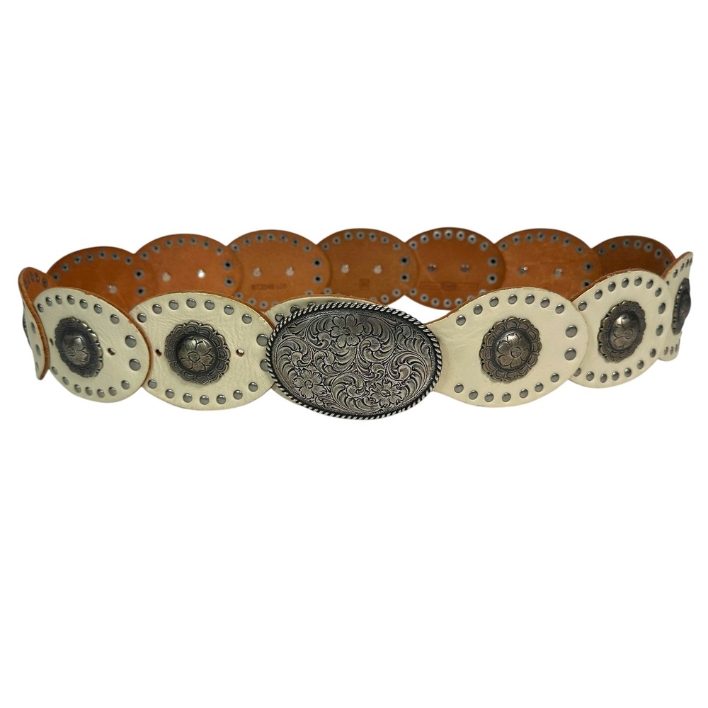 Fossil Belt Concho Stations White Leather Western Studded Floral Buckle M Boho